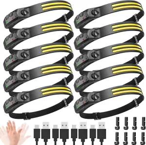 New LED Headlamp Rechargeable, 230° COB Super Bright Head Lights for Forehead, 6Mode Hard Hat Light for Adults, USB C Headband Flashlight for Work, Hiking, Running, Camping (10Pack)