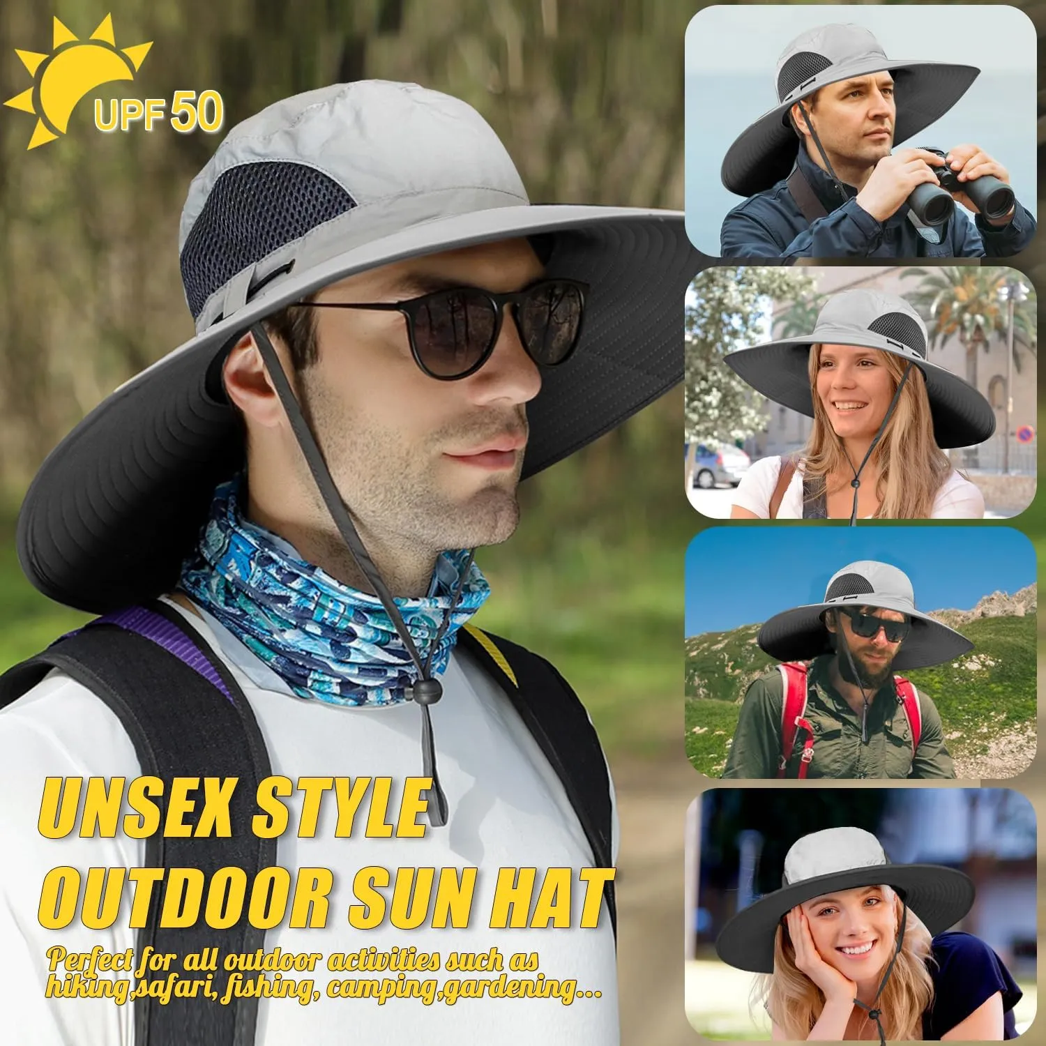 【New Size: L-XXL】 Wide Brim Fishing Sun Hat for Men UPF 50 Waterproof Breathable Safari Hiking Camping Hat for Big/Small Head