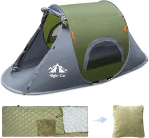 Night Cat Pop-up Camping Tent 1 Person Tent Waterproof with 4 in 1 Poncho Sleeping Bag