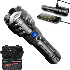 NightBuddy Powerful Rechargeable Tactical LED Flashlight 5000 High Lumens for Home Camping or Survival with Emergency Window Breaker 5 Light Modes IPX7 Waterproof Adjustable Focus USB Output