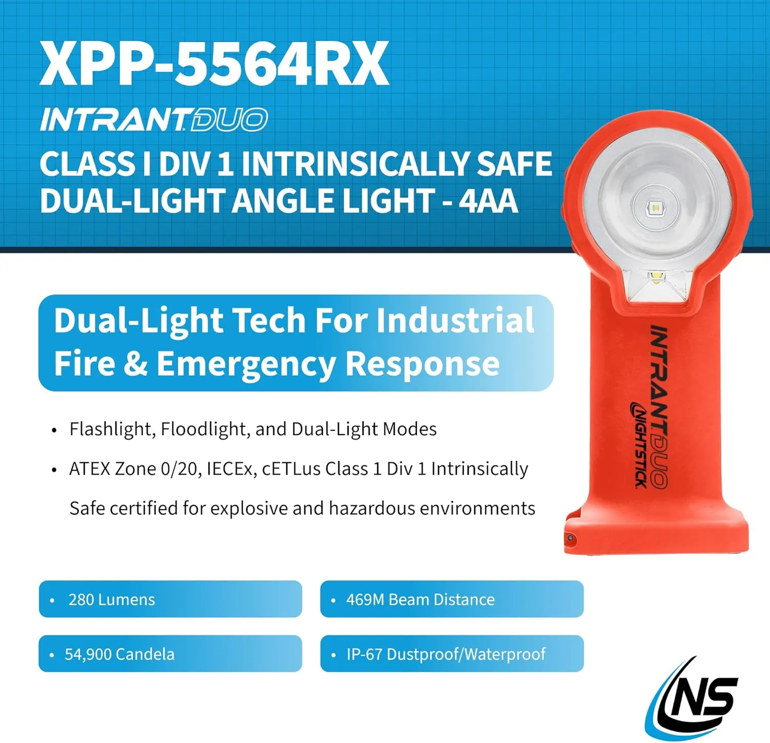 Nightstick XPP-5564 Intrant® Duo Intrinsically Safe Turbo Dual-Light Angle Light - 4 AA