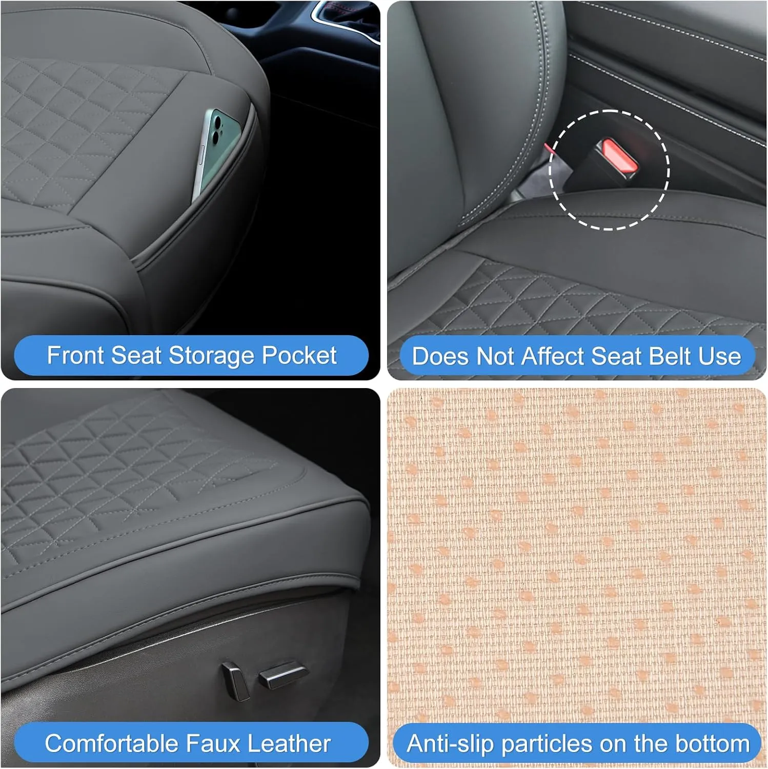 Nilight Car Seat Cushion Cover Gray Leather Front Seats Waterproof Anti-Slip with Storage Bag Wraps Bottom Fits Cars Sedan Van SUV Truck