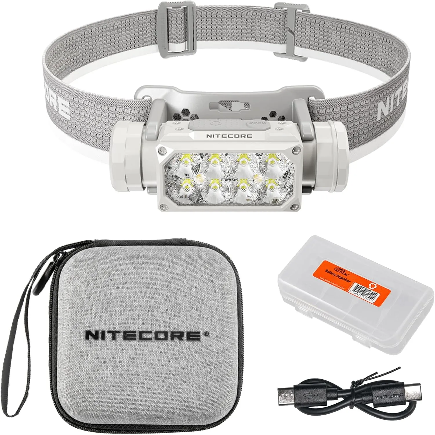 Nitecore HC65 UHE Headlamp, 2000 Lumen Heavy Duty Metal, USB-C Rechargeable with White, Red, and Reading Lights for Camping, Hiking, Hunting, and Industrial Works with Organizer (Grey)