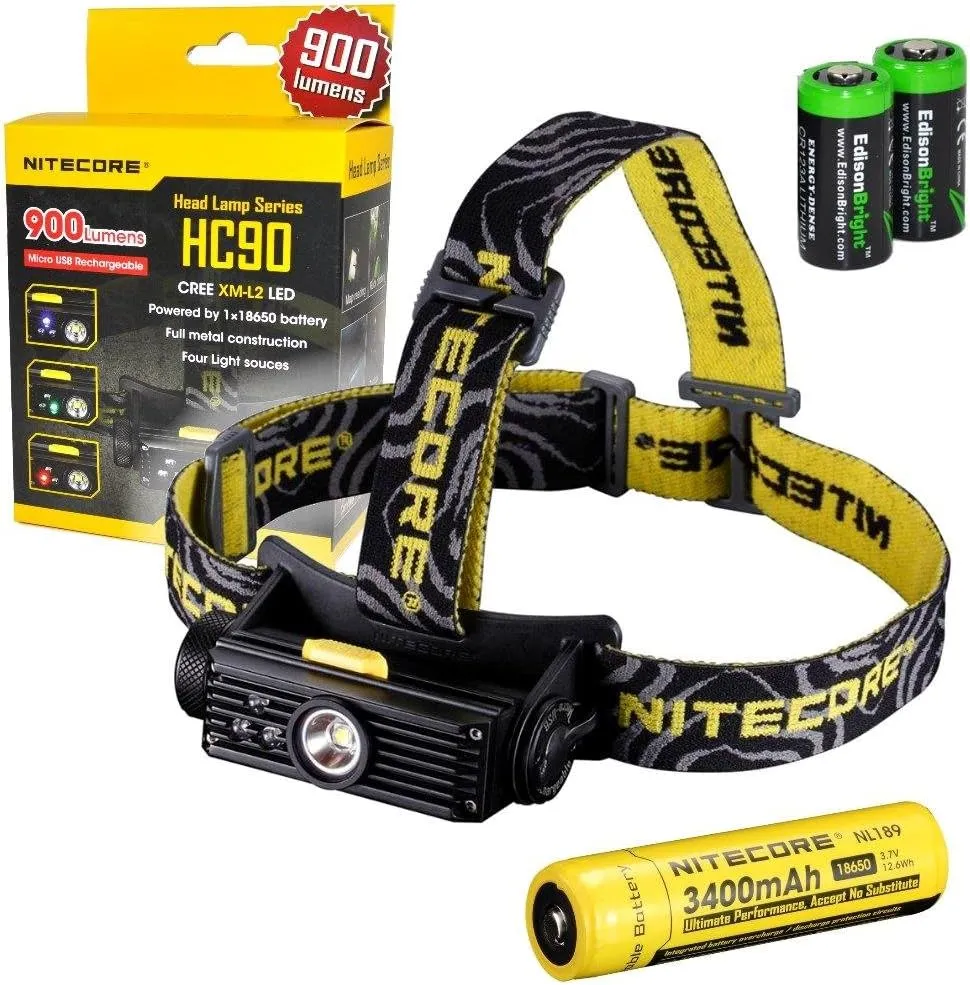 Nitecore HC90 900 Lumen CREE XM-L2 T6 LED USB rechargeable headlamp with Genuine NL189 18650 3400mAh Li-ion rechargeable battery, Two EdisonBright CR123A Lithium Batteries