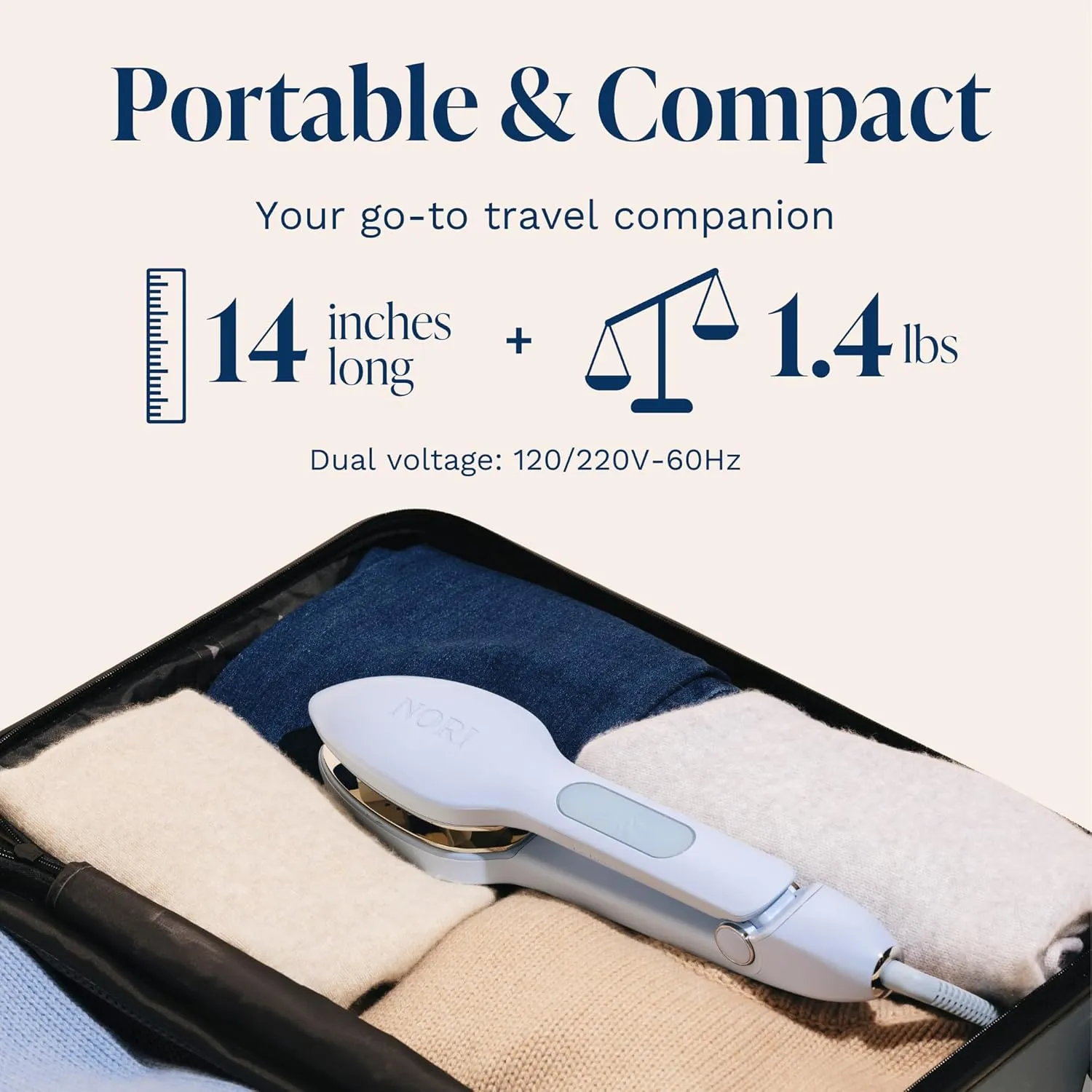 Nori Press Travel Steam Iron - Handheld Iron With Optional Steam Feature - No Ironing Board Required - Easy to Use w/ 6 Fabric Settings - Removes Wrinkles - Blue