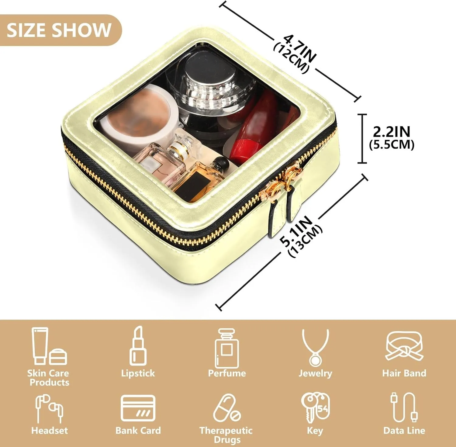 ODAWA Clear Makeup Bag Pale Goldenrod Waterproof Travel Cosmetic Bag with Zipper Car Cosmetic Bag