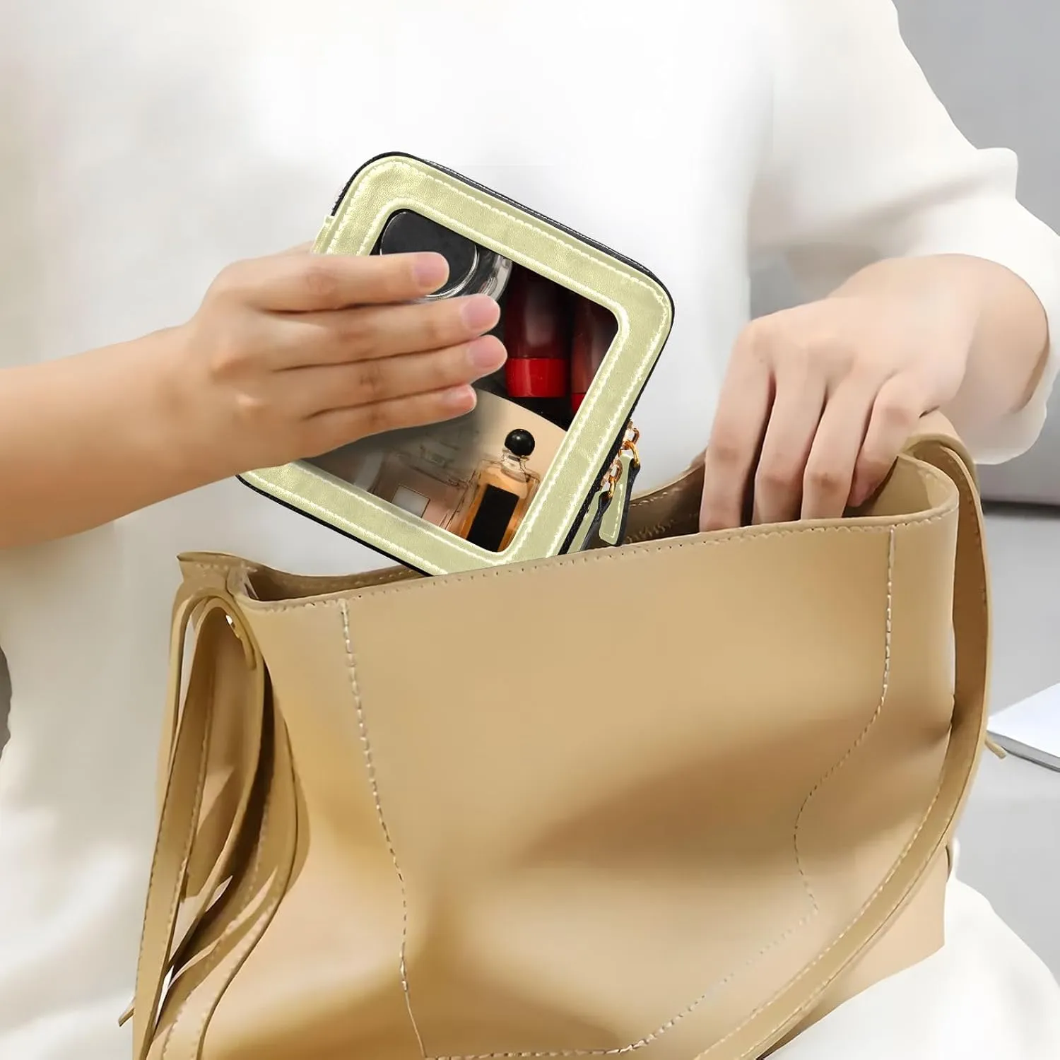 ODAWA Clear Makeup Bag Pale Goldenrod Waterproof Travel Cosmetic Bag with Zipper Car Cosmetic Bag