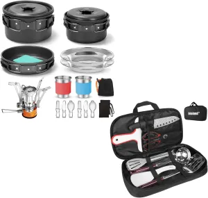 Odoland 16pcs Camping Cookware Mess Kit with Folding Camping Stove and 8 Pcs Camping Cookware Utensils Travel Set for Backpacking, Outdoor Camping