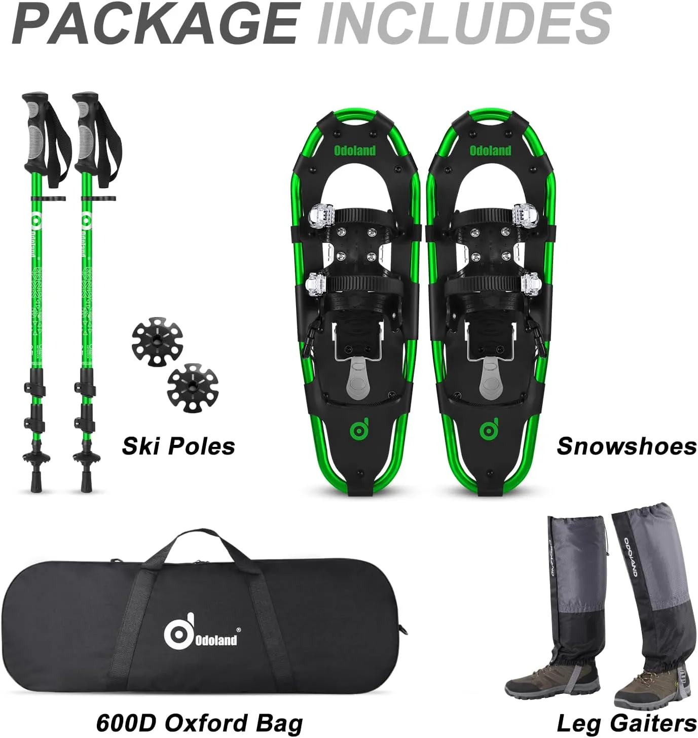 Odoland 21/25/30 Inch Snowshoes with Trekking Poles for Men Women Youth, Waterproof Snow Leg Gaiters and Carrying Bag, Lightweight Aluminum, Heel Lift, Snow Shoes Easy to Wear