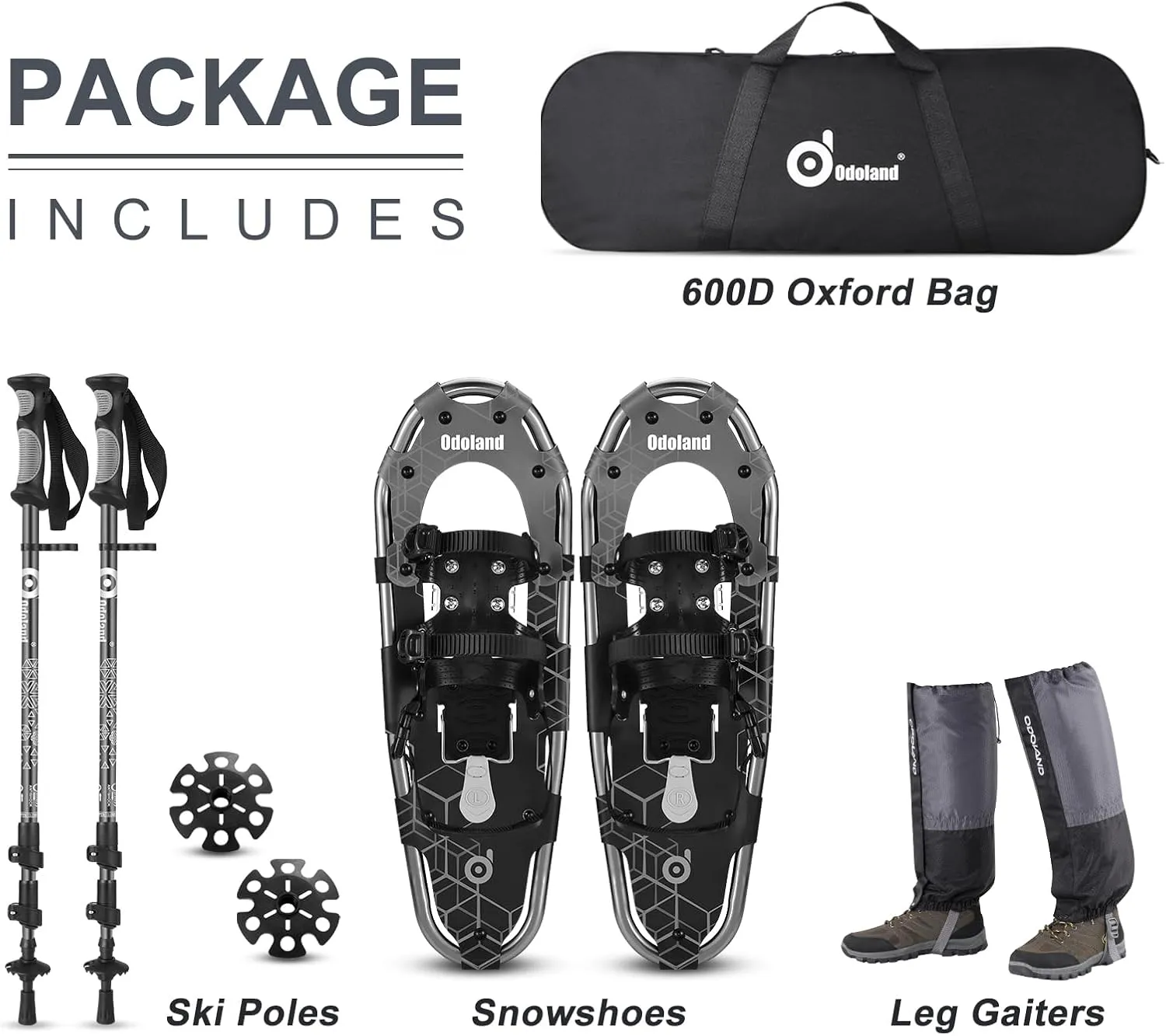 Odoland 21/25/30 Inch Snowshoes with Trekking Poles for Men Women Youth, Waterproof Snow Leg Gaiters and Carrying Bag, Lightweight Aluminum, Heel Lift, Snow Shoes Easy to Wear
