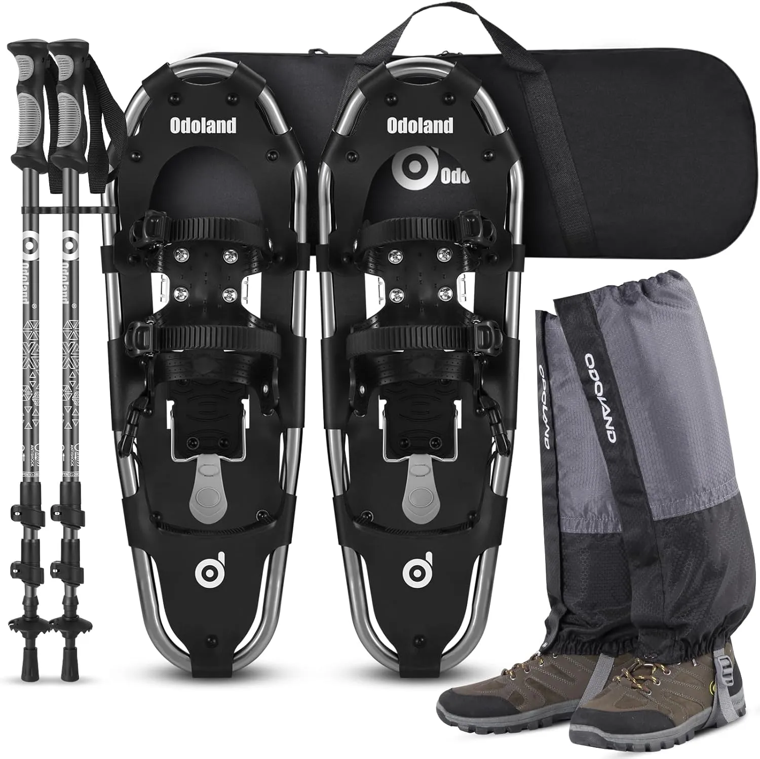 Odoland 21/25/30 Inch Snowshoes with Trekking Poles for Men Women Youth, Waterproof Snow Leg Gaiters and Carrying Bag, Lightweight Aluminum, Heel Lift, Snow Shoes Easy to Wear