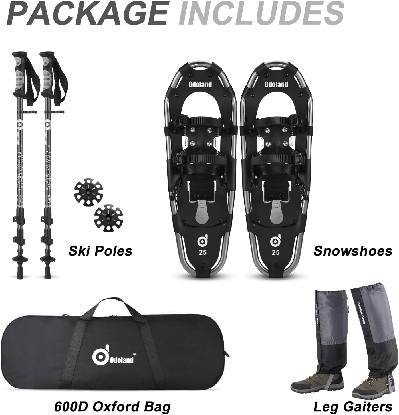 Odoland 21/25/30 Inch Snowshoes with Trekking Poles for Men Women Youth, Waterproof Snow Leg Gaiters and Carrying Bag, Lightweight Aluminum, Heel Lift, Snow Shoes Easy to Wear