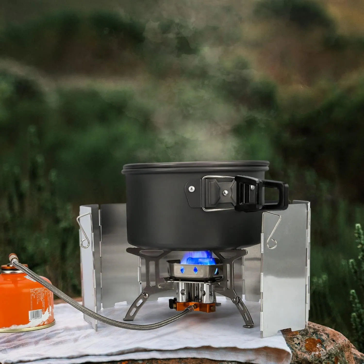 Odoland 3500W/6800W Windproof Camp Stove Camping Gas Stove with Windscreen, Fuel Canister Adapter, Piezo Ignition for Outdoor Backpacking Hiking and Picnic