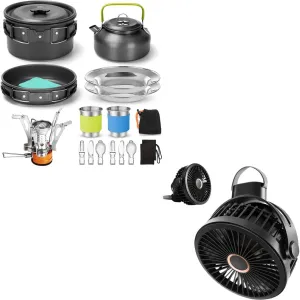 Odoland Bundle - 2 Items 16pcs Camping Cookware Set with Folding Camping Stove and Camping Fan with Hanging Hook, Portable Rechargeable Battery Operated Tent Fan