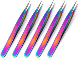 OdontoMed2011® 5 Pieces Stainless Steel Multi Rainbow Color 3d Eyelash Extension Tweezers Straight Fine Point #1' Jewelry-making, Laboratory Work