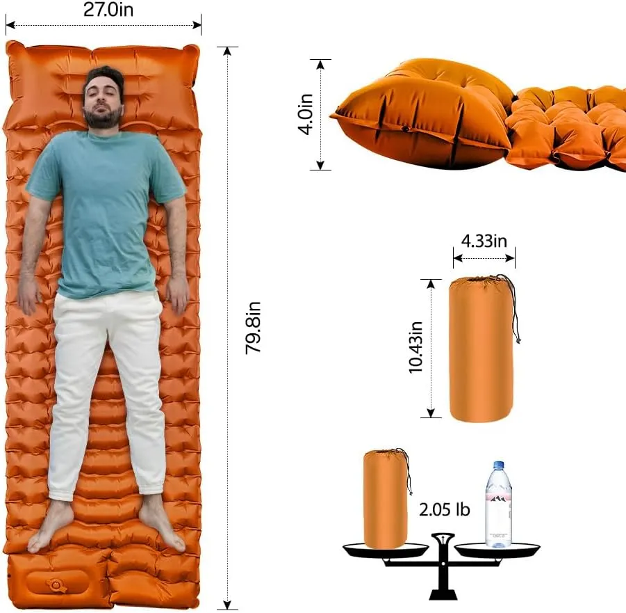 OGERY Sleeping Pad, 4" Extra-Thick Camping Sleeping Pad with Pillow and Built-in Foot Pump, Self Inflating Air Mattress Mat for Camping Backpacking Hiking Traveling Tent