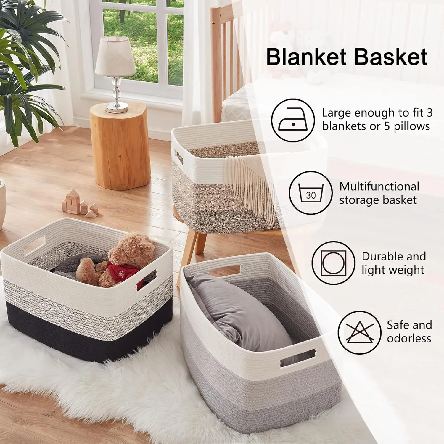 OIAHOMY Large Blanket Basket, 22”x17”x12” Rectangle Woven Baskets, Nursery Blanket Storage Living Room, Toy Storage With Handle, Large Baskets for Organizing-Gradient Grey