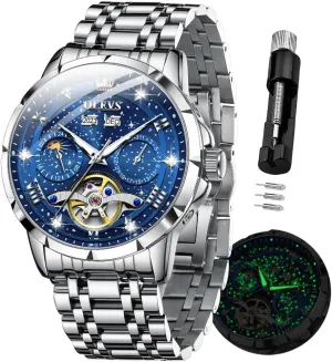 OLEVS Men Automatic Watch Diamond Skeleton Mechanical Luxury Self Winding Moon Phase Calendar Waterproof Wrist Watch for Men