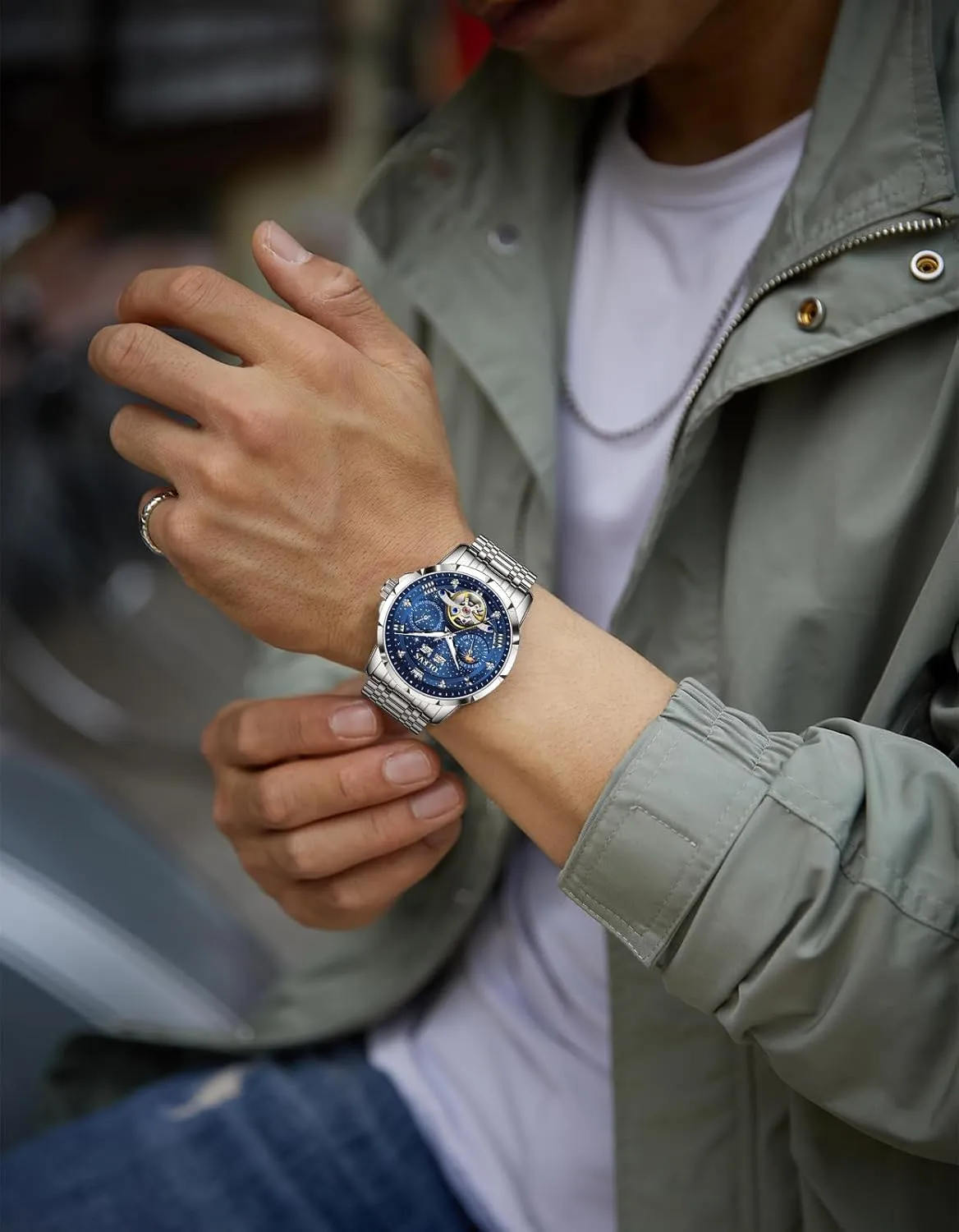 OLEVS Men Automatic Watch Diamond Skeleton Mechanical Luxury Self Winding Moon Phase Calendar Waterproof Wrist Watch for Men