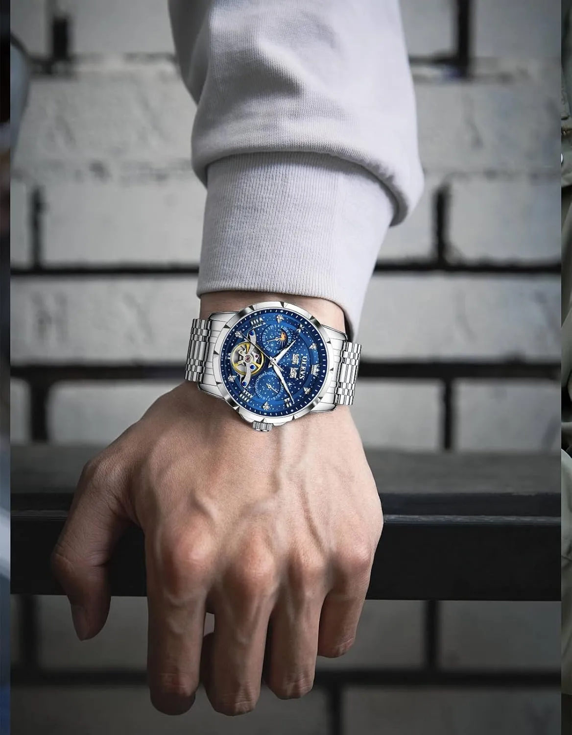 OLEVS Men Automatic Watch Diamond Skeleton Mechanical Luxury Self Winding Moon Phase Calendar Waterproof Wrist Watch for Men