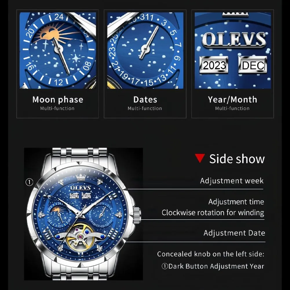 OLEVS Men Automatic Watch Diamond Skeleton Mechanical Luxury Self Winding Moon Phase Calendar Waterproof Wrist Watch for Men