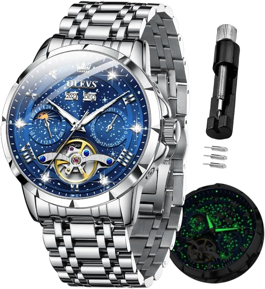OLEVS Men Automatic Watch Diamond Skeleton Mechanical Luxury Self Winding Moon Phase Calendar Waterproof Wrist Watch for Men