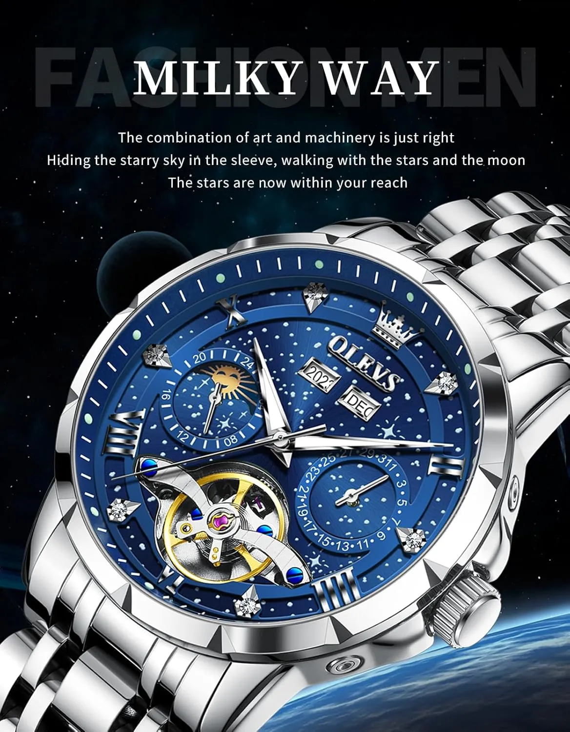 OLEVS Men Automatic Watch Diamond Skeleton Mechanical Luxury Self Winding Moon Phase Calendar Waterproof Wrist Watch for Men
