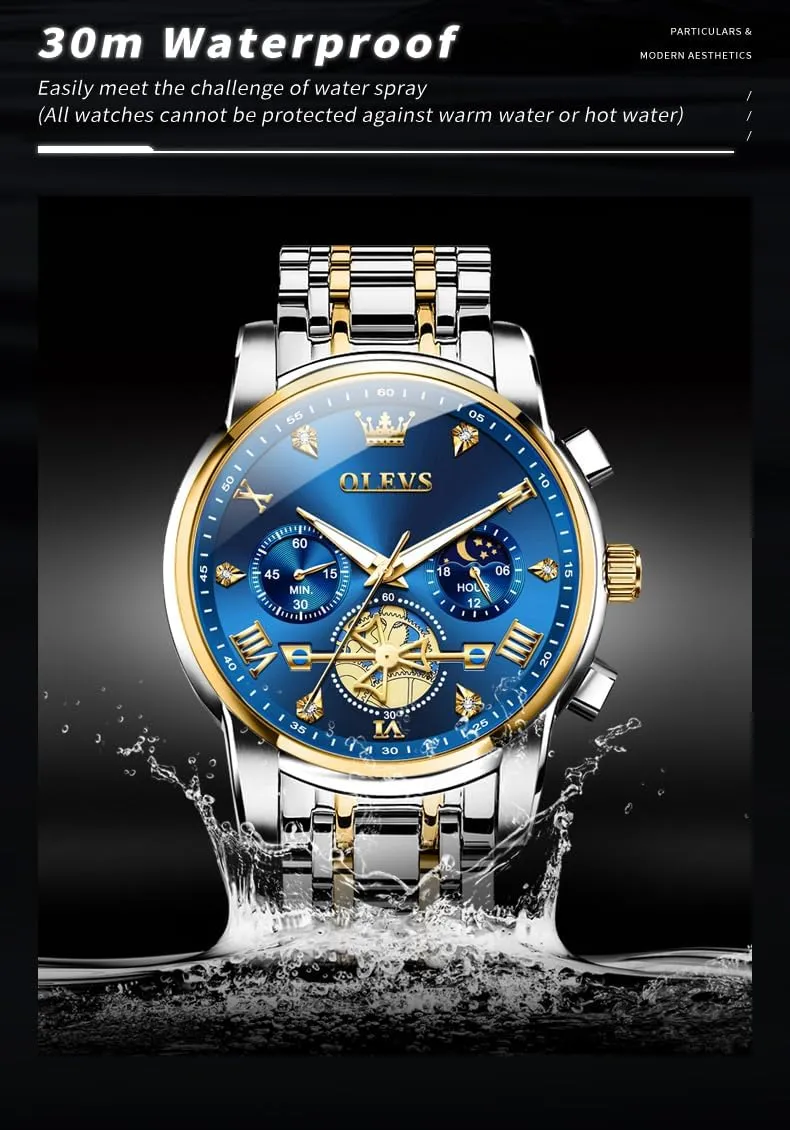 OLEVS Men Skeleton Watches Stainless Steel Analog Quartz Moon Phase Male Watch, Diamond Multi Calendar Chronograph Watch,Waterproof Wrist Watch for Men