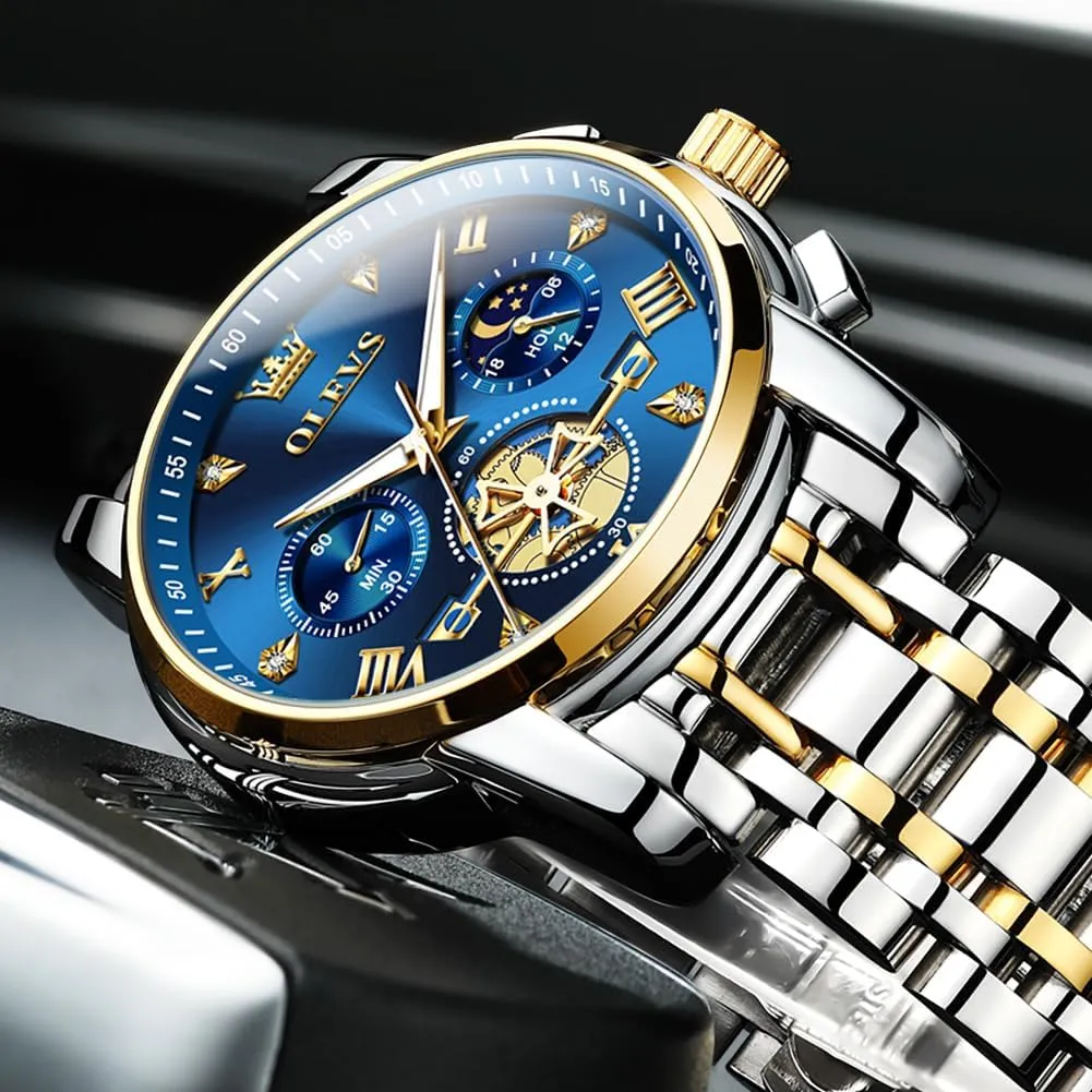 OLEVS Men Skeleton Watches Stainless Steel Analog Quartz Moon Phase Male Watch, Diamond Multi Calendar Chronograph Watch,Waterproof Wrist Watch for Men