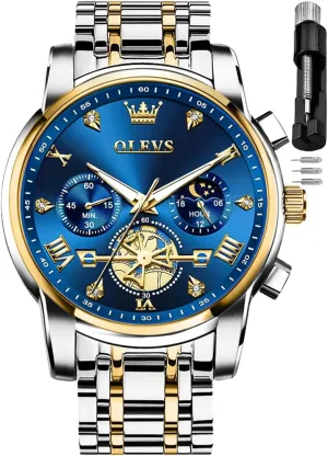 OLEVS Men Skeleton Watches Stainless Steel Analog Quartz Moon Phase Male Watch, Diamond Multi Calendar Chronograph Watch,Waterproof Wrist Watch for Men