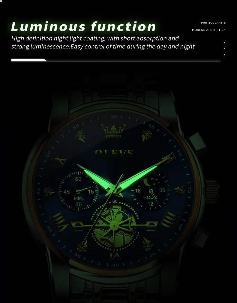OLEVS Men Skeleton Watches Stainless Steel Analog Quartz Moon Phase Male Watch, Diamond Multi Calendar Chronograph Watch,Waterproof Wrist Watch for Men