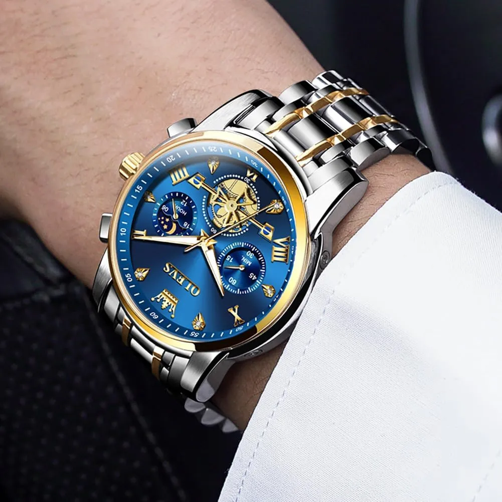 OLEVS Men Skeleton Watches Stainless Steel Analog Quartz Moon Phase Male Watch, Diamond Multi Calendar Chronograph Watch,Waterproof Wrist Watch for Men
