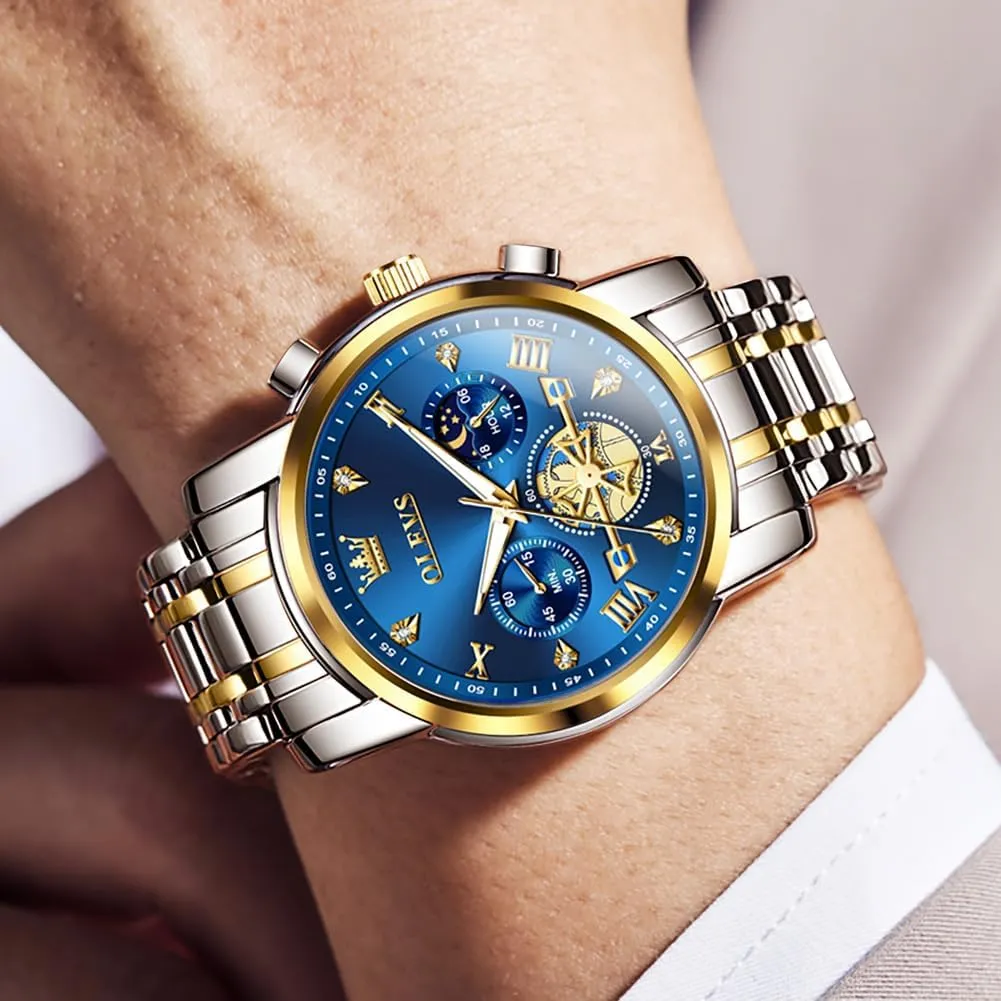 OLEVS Men Skeleton Watches Stainless Steel Analog Quartz Moon Phase Male Watch, Diamond Multi Calendar Chronograph Watch,Waterproof Wrist Watch for Men