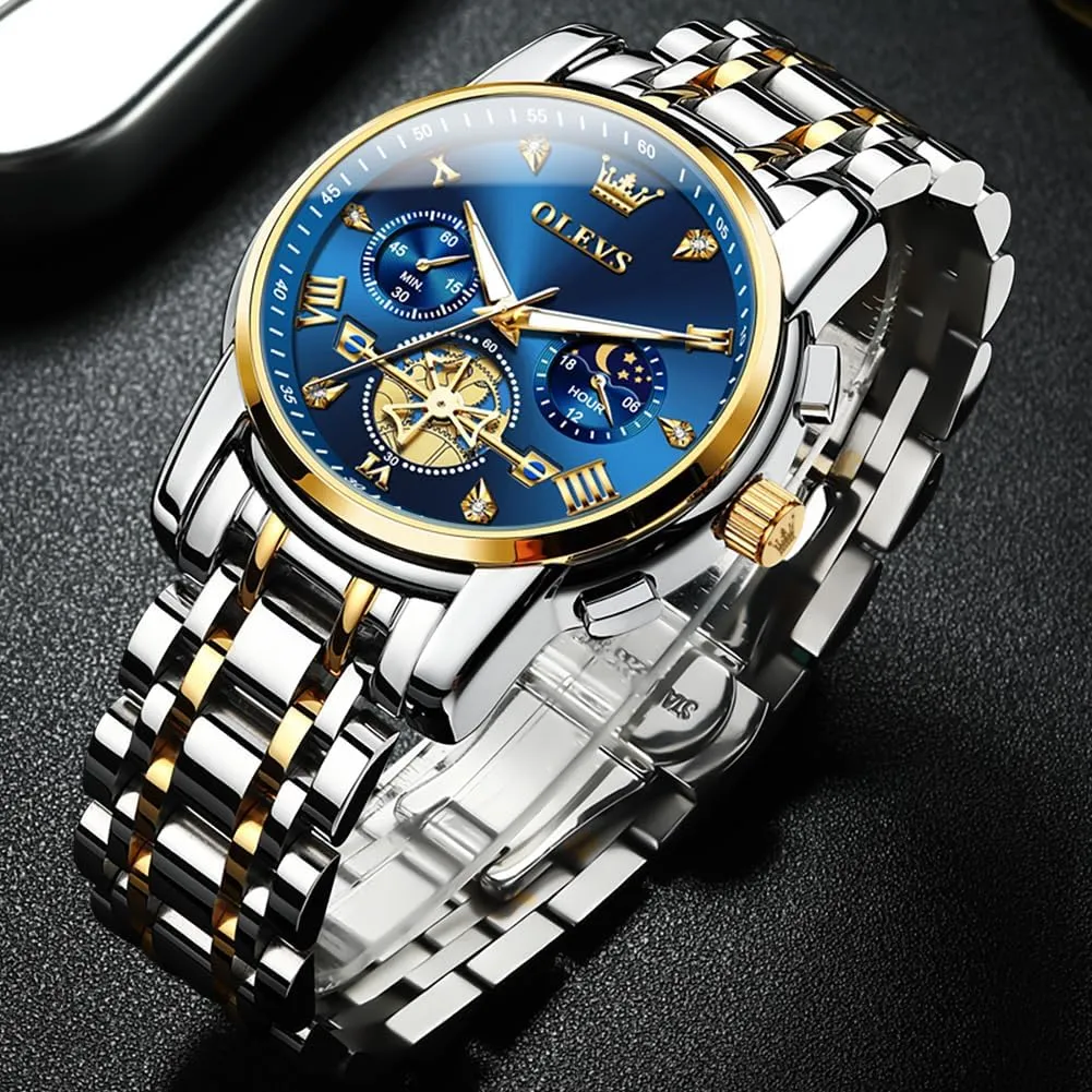 OLEVS Men Skeleton Watches Stainless Steel Analog Quartz Moon Phase Male Watch, Diamond Multi Calendar Chronograph Watch,Waterproof Wrist Watch for Men