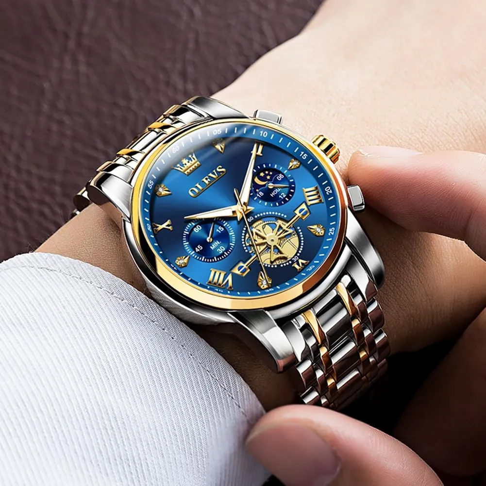 OLEVS Men Skeleton Watches Stainless Steel Analog Quartz Moon Phase Male Watch, Diamond Multi Calendar Chronograph Watch,Waterproof Wrist Watch for Men