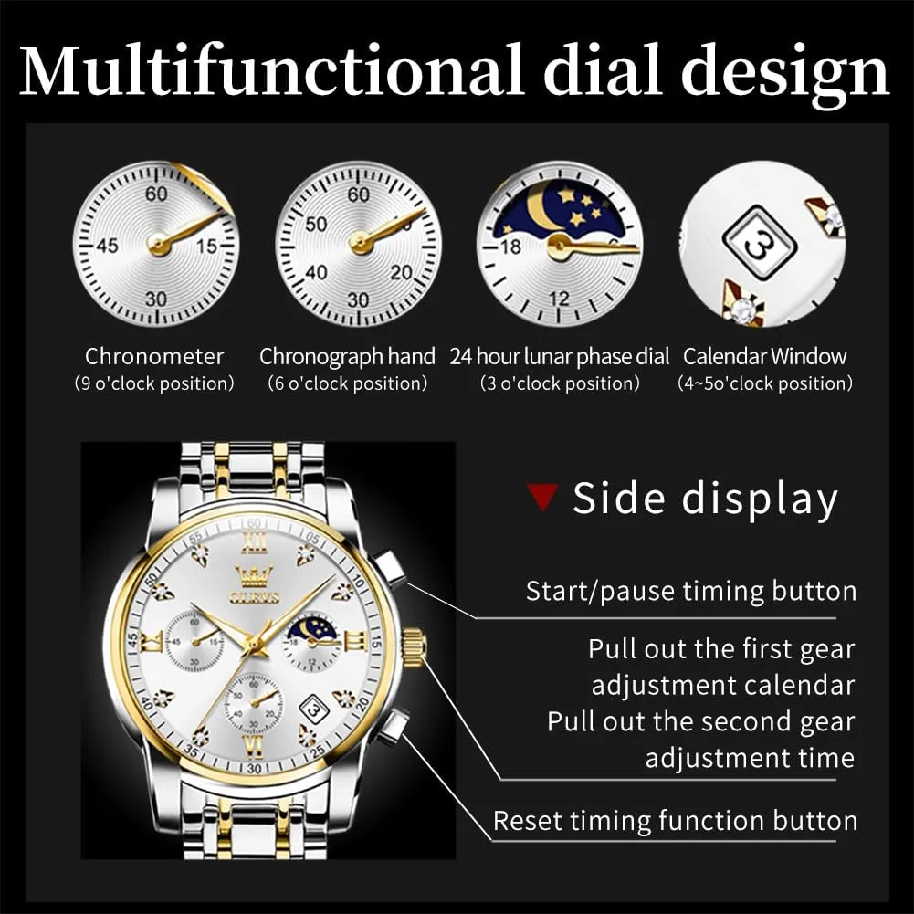 OLEVS Men Watches Square Business Dress Diamond Analog Quartz Date Luxury Watch for Men Casual Stainless Steel Waterproof Luminous Two Tone Wrist Watch