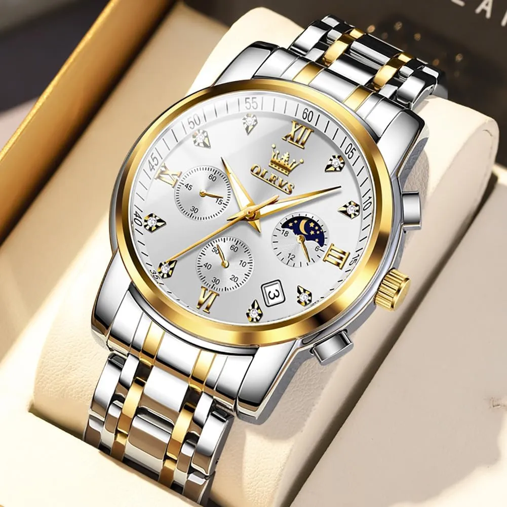OLEVS Men Watches Square Business Dress Diamond Analog Quartz Date Luxury Watch for Men Casual Stainless Steel Waterproof Luminous Two Tone Wrist Watch