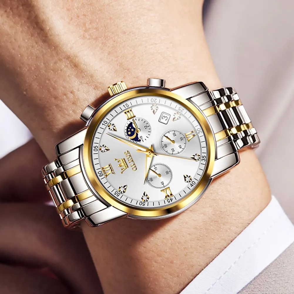 OLEVS Men Watches Square Business Dress Diamond Analog Quartz Date Luxury Watch for Men Casual Stainless Steel Waterproof Luminous Two Tone Wrist Watch