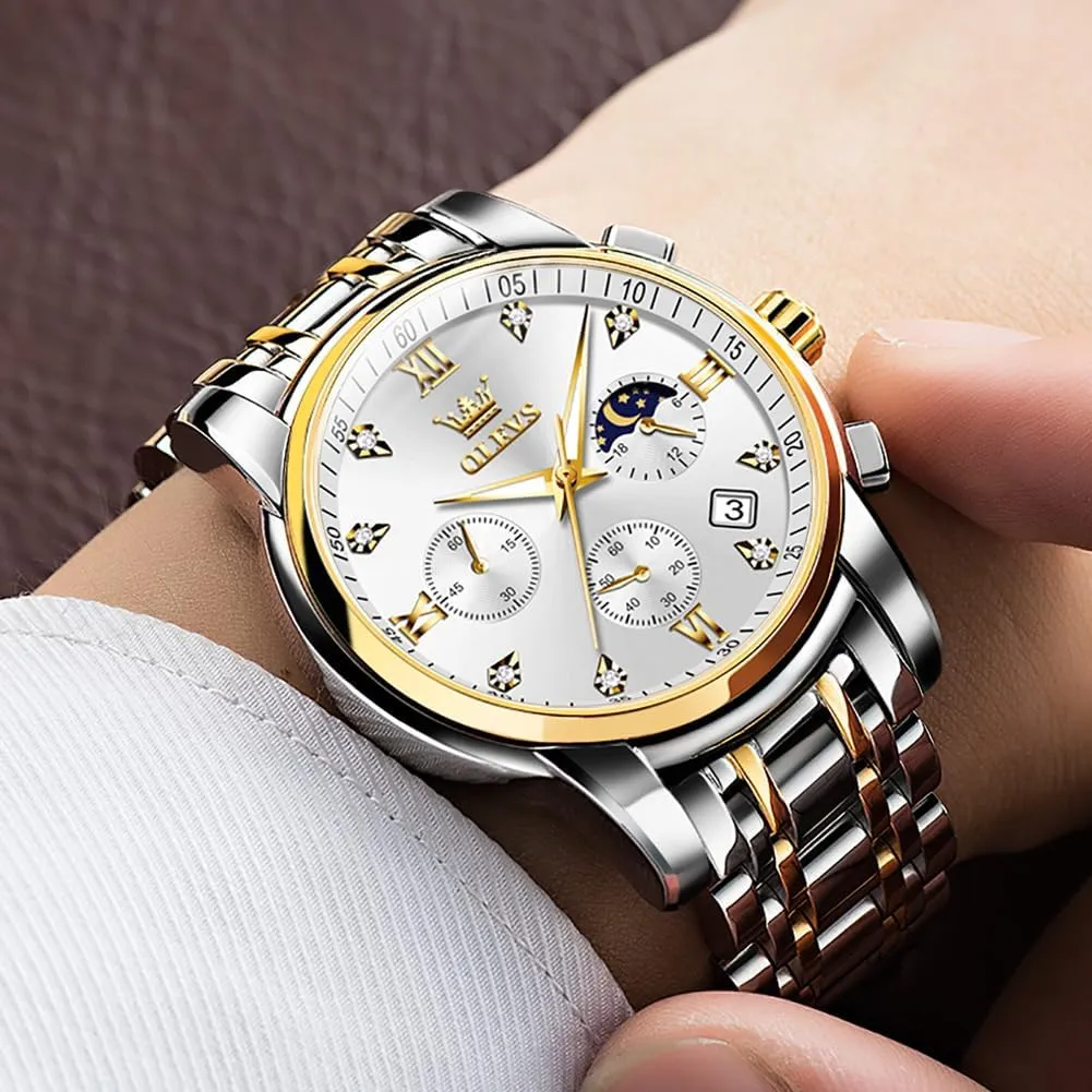 OLEVS Men Watches Square Business Dress Diamond Analog Quartz Date Luxury Watch for Men Casual Stainless Steel Waterproof Luminous Two Tone Wrist Watch