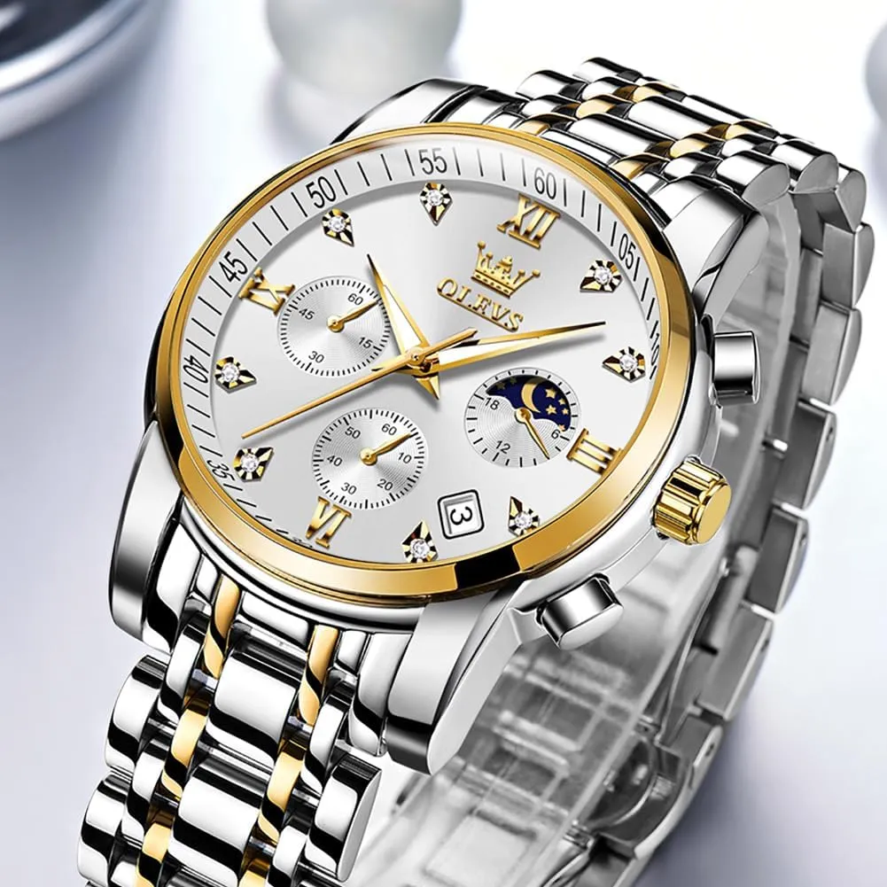 OLEVS Men Watches Square Business Dress Diamond Analog Quartz Date Luxury Watch for Men Casual Stainless Steel Waterproof Luminous Two Tone Wrist Watch