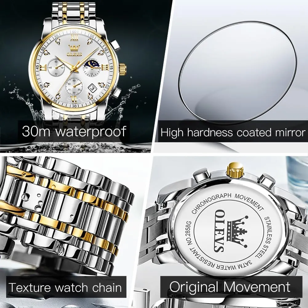 OLEVS Men Watches Square Business Dress Diamond Analog Quartz Date Luxury Watch for Men Casual Stainless Steel Waterproof Luminous Two Tone Wrist Watch