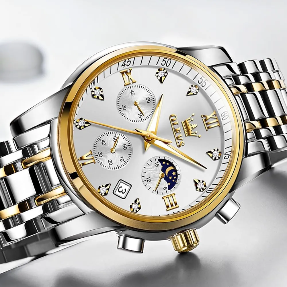 OLEVS Men Watches Square Business Dress Diamond Analog Quartz Date Luxury Watch for Men Casual Stainless Steel Waterproof Luminous Two Tone Wrist Watch