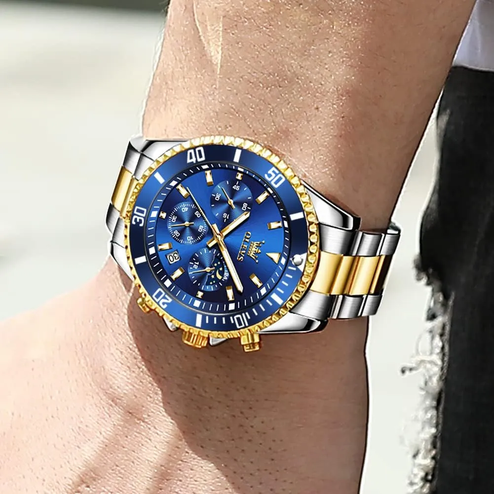 OLEVS Mens Watches Chronograph Luxury Dress Moon Phase Quartz Stainless Steel Waterproof Luminous Business Calendar Wrist Watch