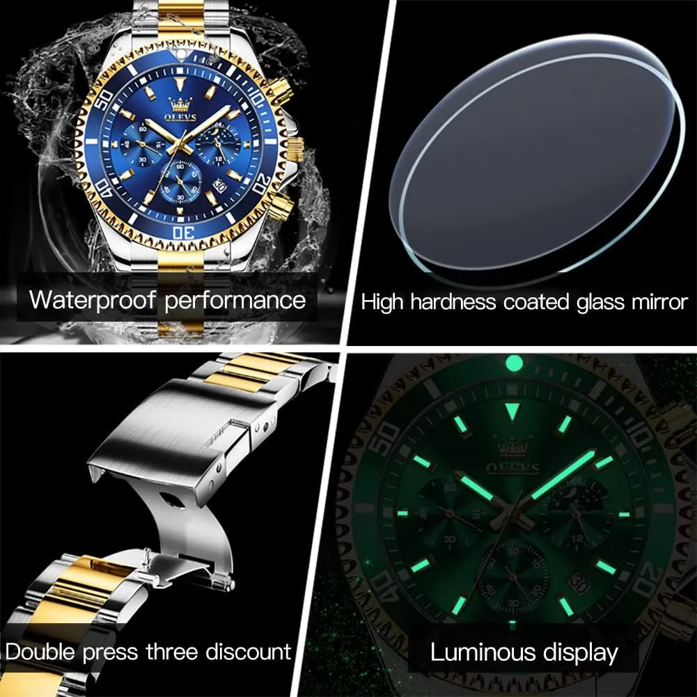 OLEVS Mens Watches Chronograph Luxury Dress Moon Phase Quartz Stainless Steel Waterproof Luminous Business Calendar Wrist Watch