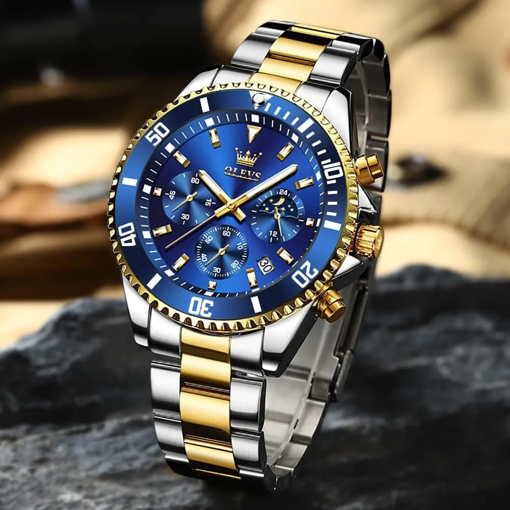OLEVS Mens Watches Chronograph Luxury Dress Moon Phase Quartz Stainless Steel Waterproof Luminous Business Calendar Wrist Watch