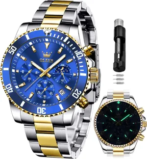 OLEVS Mens Watches Chronograph Luxury Dress Moon Phase Quartz Stainless Steel Waterproof Luminous Business Calendar Wrist Watch