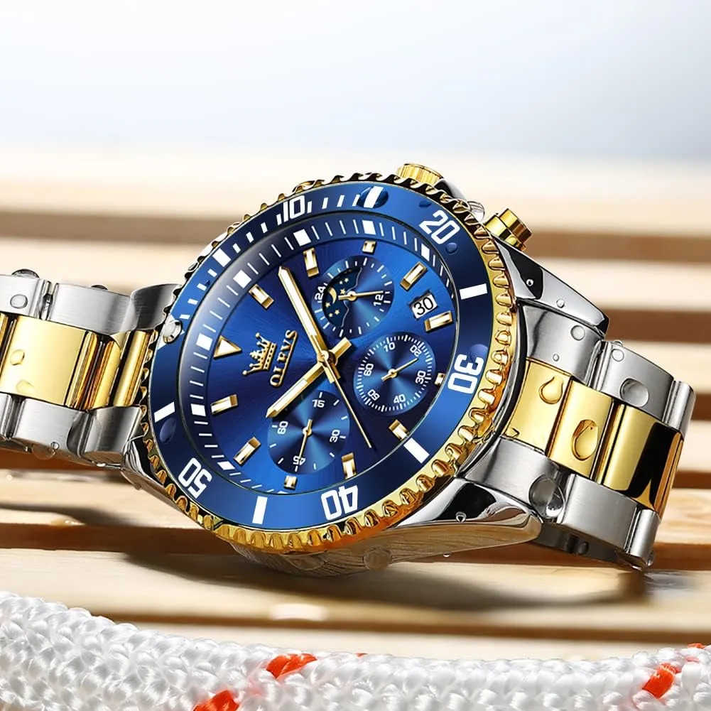 OLEVS Mens Watches Chronograph Luxury Dress Moon Phase Quartz Stainless Steel Waterproof Luminous Business Calendar Wrist Watch