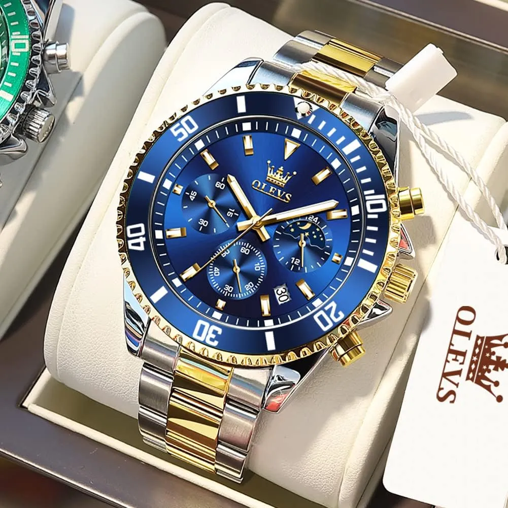 OLEVS Mens Watches Chronograph Luxury Dress Moon Phase Quartz Stainless Steel Waterproof Luminous Business Calendar Wrist Watch