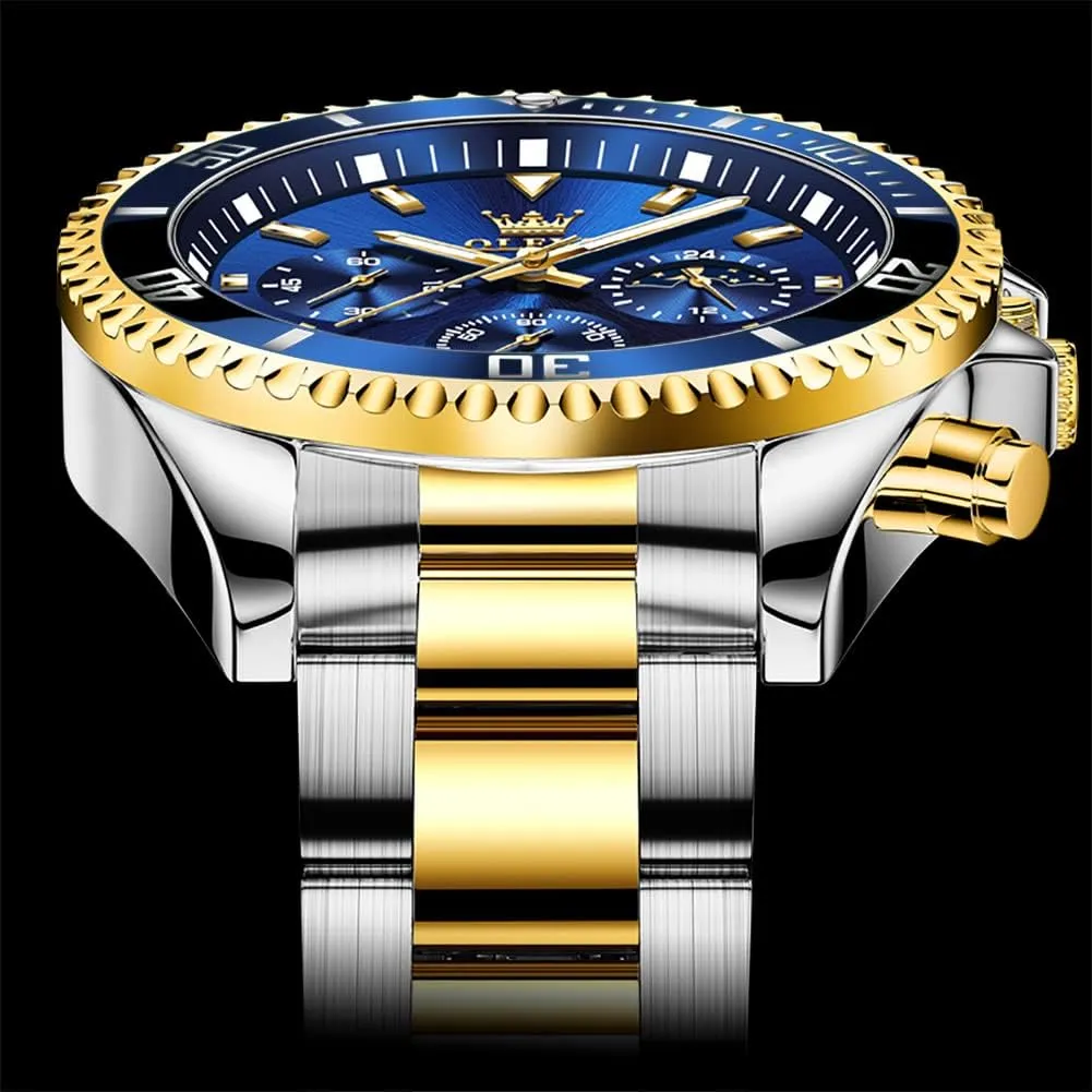OLEVS Mens Watches Chronograph Luxury Dress Moon Phase Quartz Stainless Steel Waterproof Luminous Business Calendar Wrist Watch