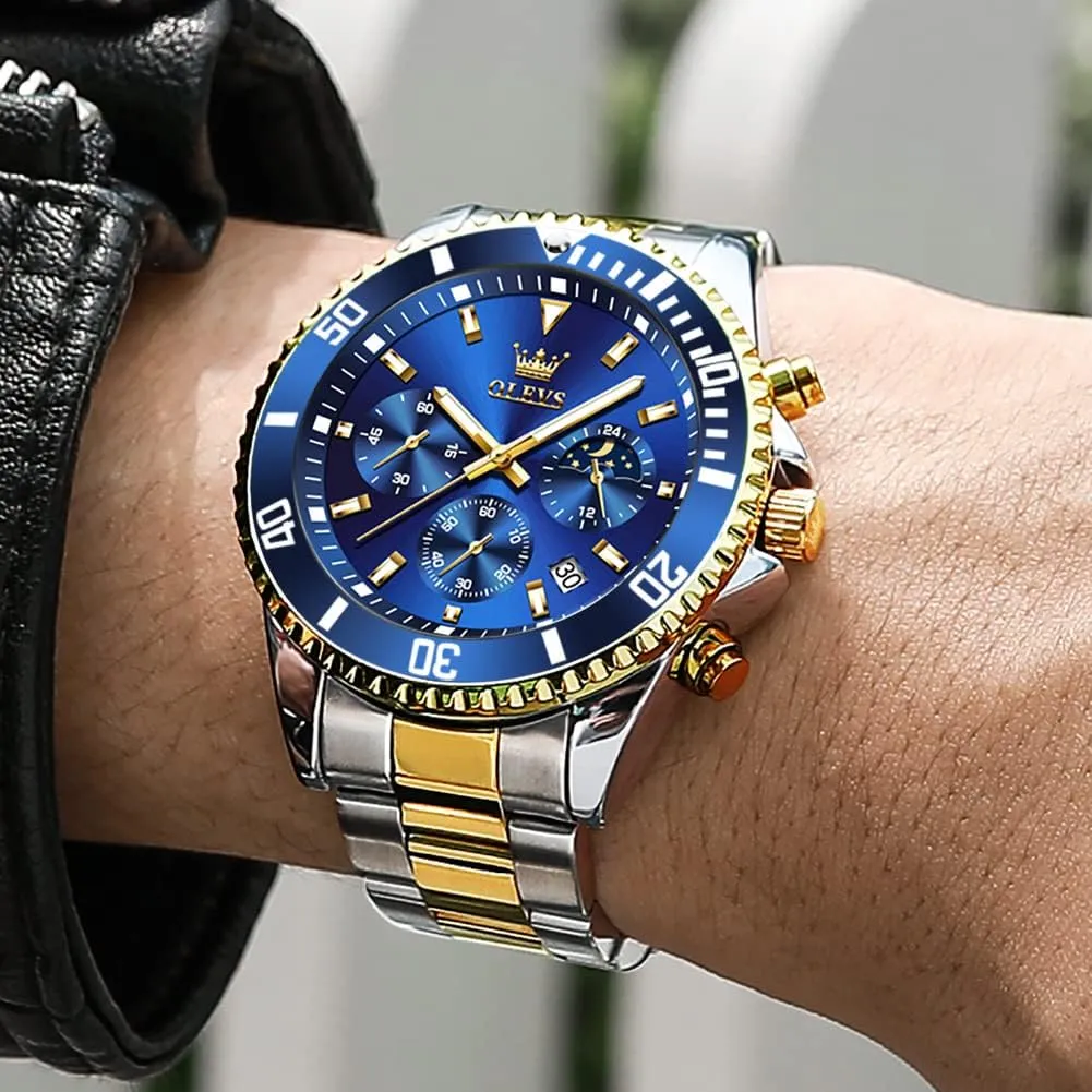 OLEVS Mens Watches Chronograph Luxury Dress Moon Phase Quartz Stainless Steel Waterproof Luminous Business Calendar Wrist Watch